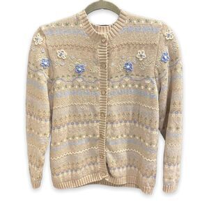 Cherokee Vintage Boho Cottagecore Embroidered Crochet Floral Button Up Sweater